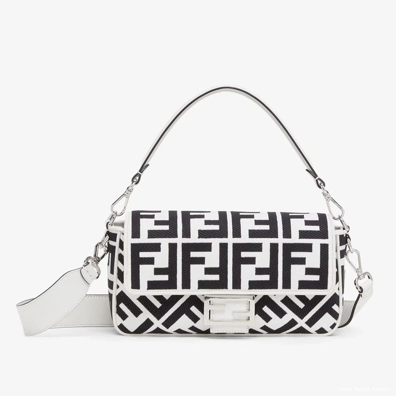 Affordable HOT FF Baguette Black White Fendi Medium Bag In Motif Canvas 0822